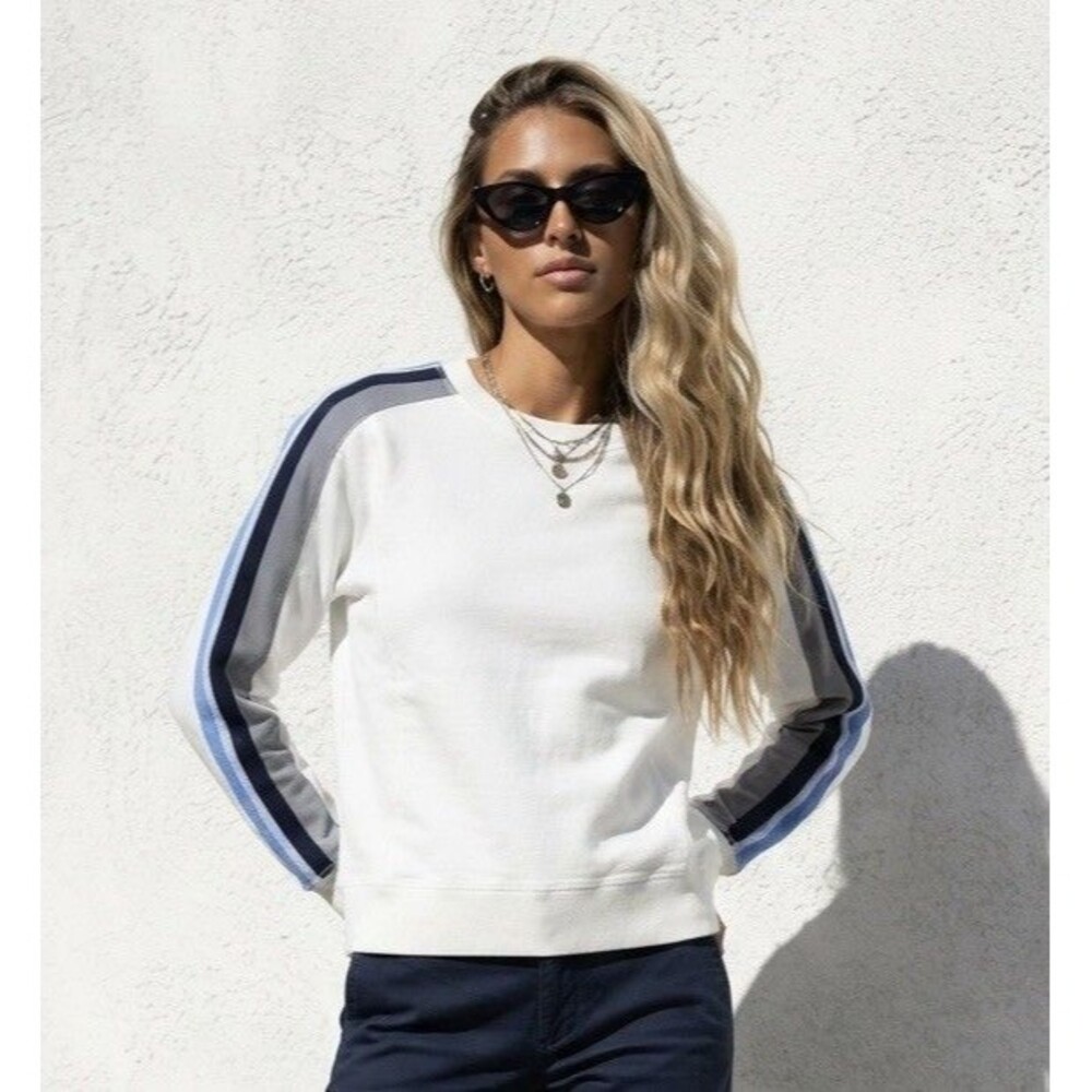 TE VERDE Women's M Boxy Pullover Sweatshirt White With Multi Striped Sleeves
